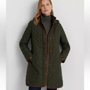 💚 LAUREN RALPH LAUREN Green Hooded Quilted Coat; Size XS